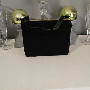 1950's Vintage Elite Suede Purse w/Handle, Black, Goldtone Feet, Clasp Closure